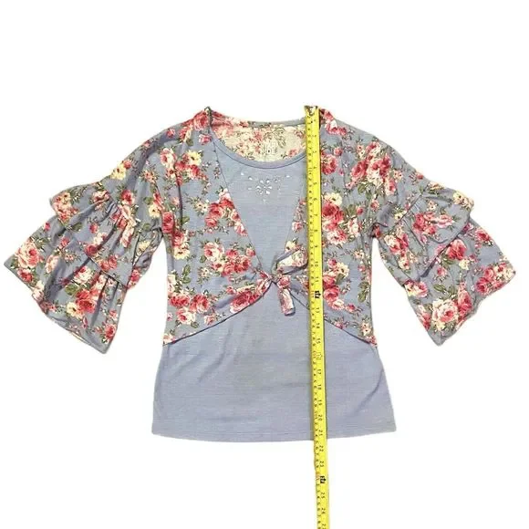 Star Ride Floral Top Girl’s 10 12 Purple Pink Flowers Boho Gypsy Hippie Roses - Picture 6 of 8